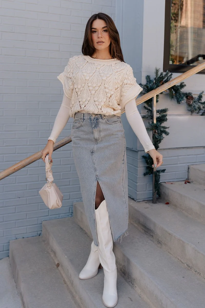 Megan Cream Crochet Short Sleeve Sweater