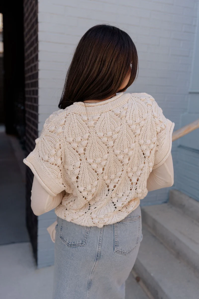 Megan Cream Crochet Short Sleeve Sweater - Image 6