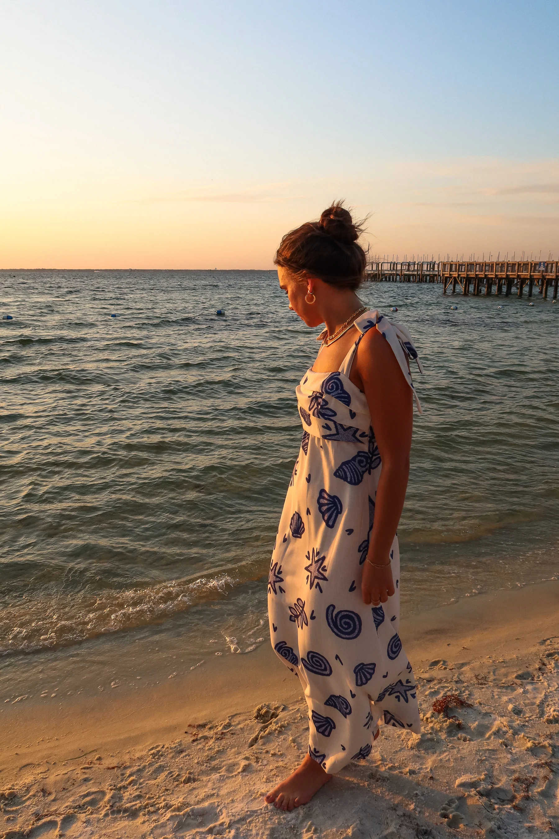 Melanie Cream & Blue Seashell Print Midi Dress - Image 4