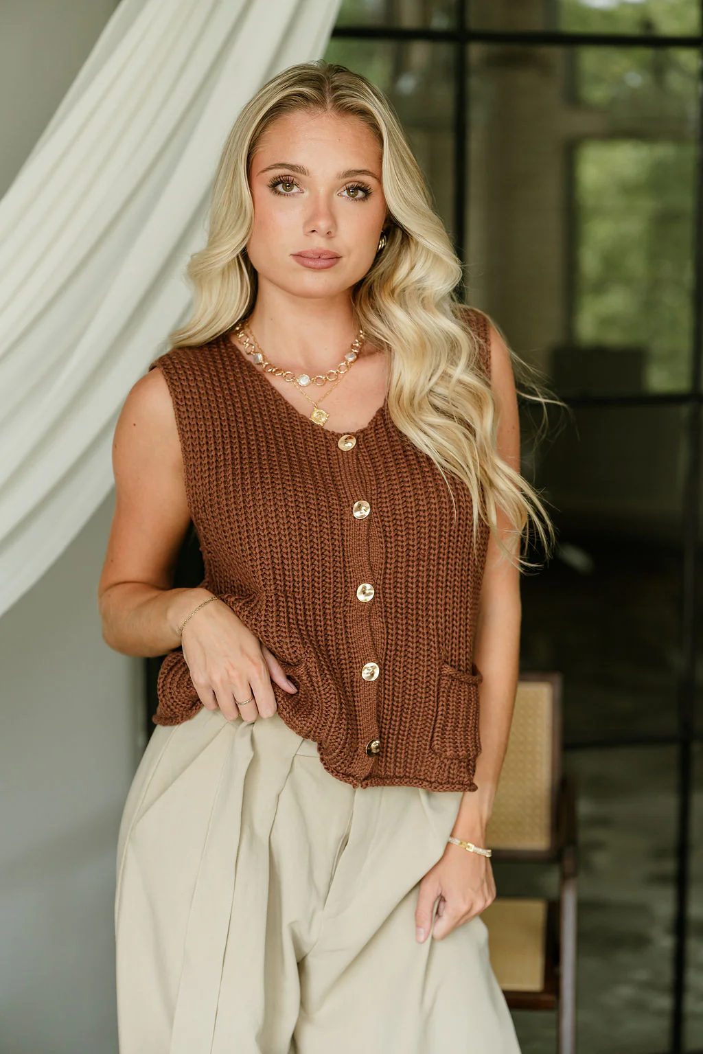 Melissa Brown & Gold Cable Knit Vest - Image 6