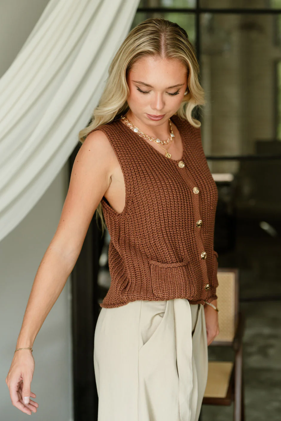 Melissa Brown & Gold Cable Knit Vest - Image 7