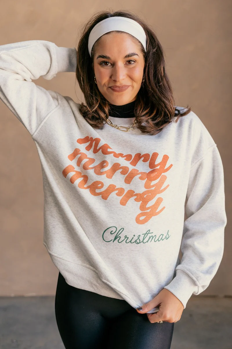 Merry Merry Merry Christmas Heather Grey Sweatshirt - Image 6