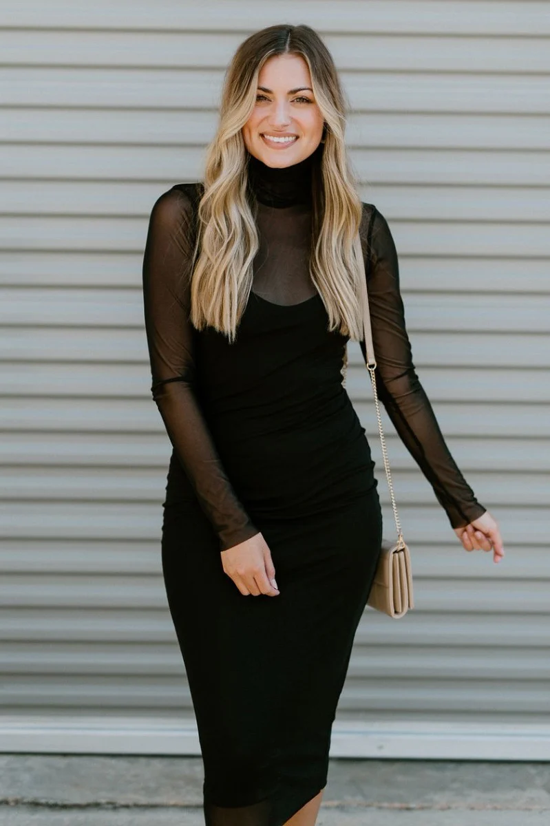 Mesh Well Midi Dress in Black