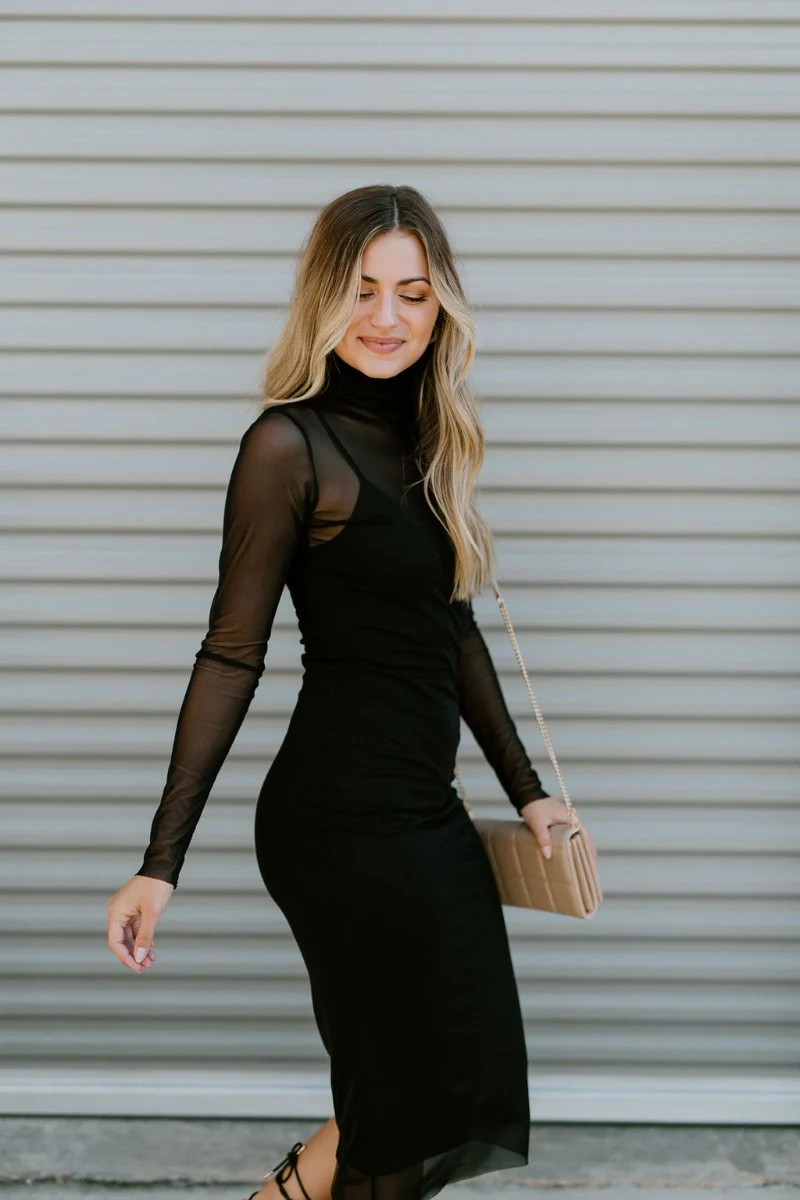 Mesh Well Midi Dress in Black - Image 4