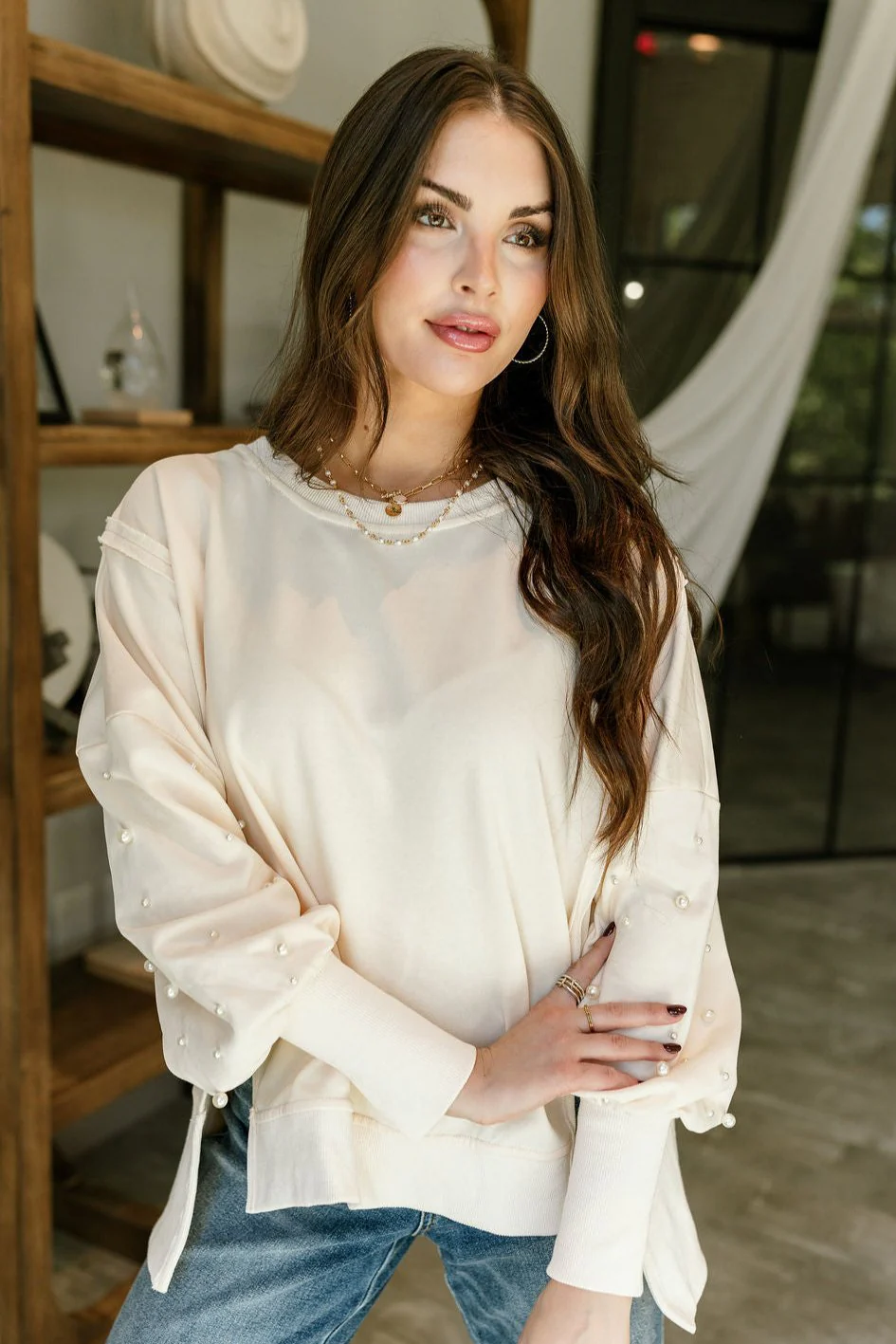 Mia Cream & Pearl Embellished Sweatshirt