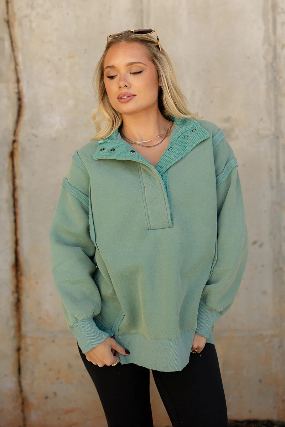 Mia Washed Green Quarter Button-Up Pullover - Image 5