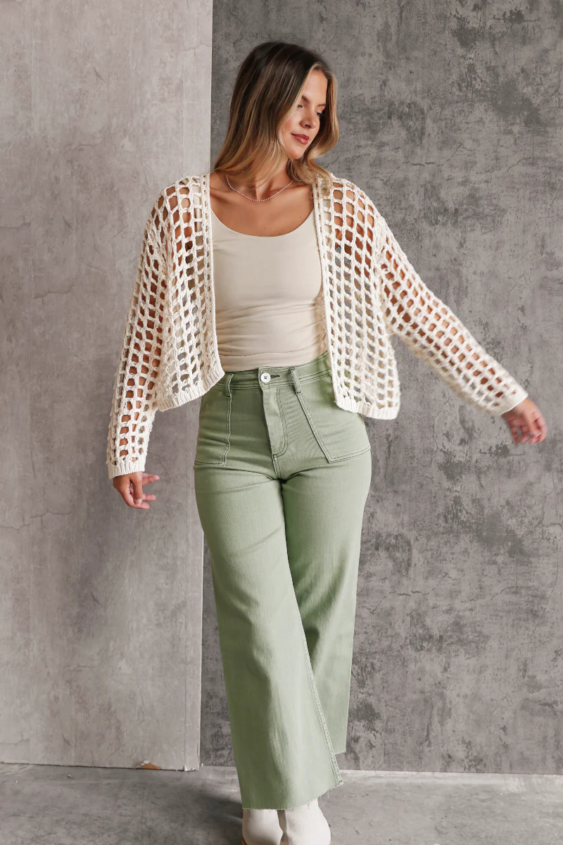 Mila Cream Open Knit Cropped Cardigan - Image 2