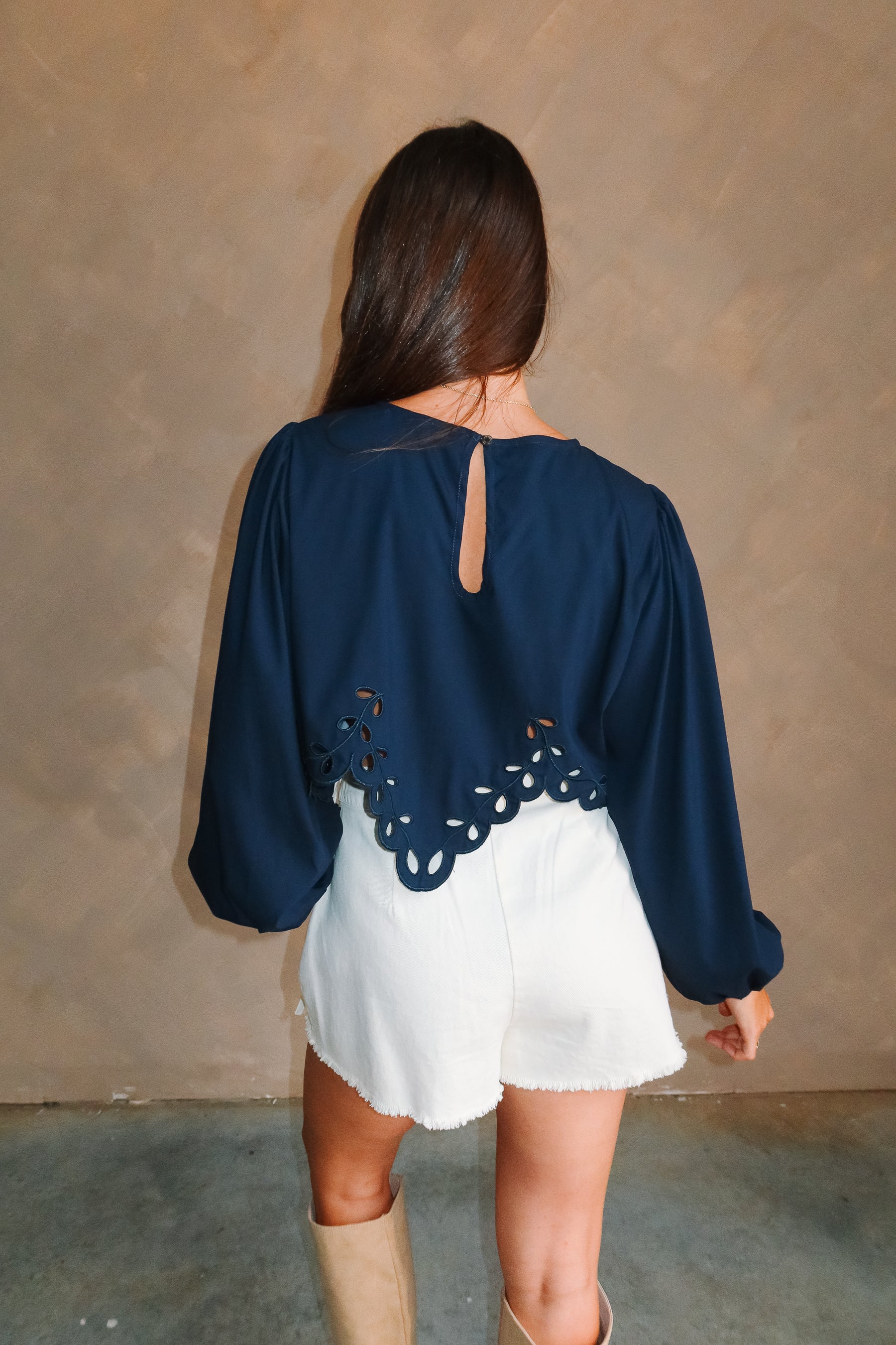 Mila Navy Eyelet Cropped Long Sleeve Top - Image 7