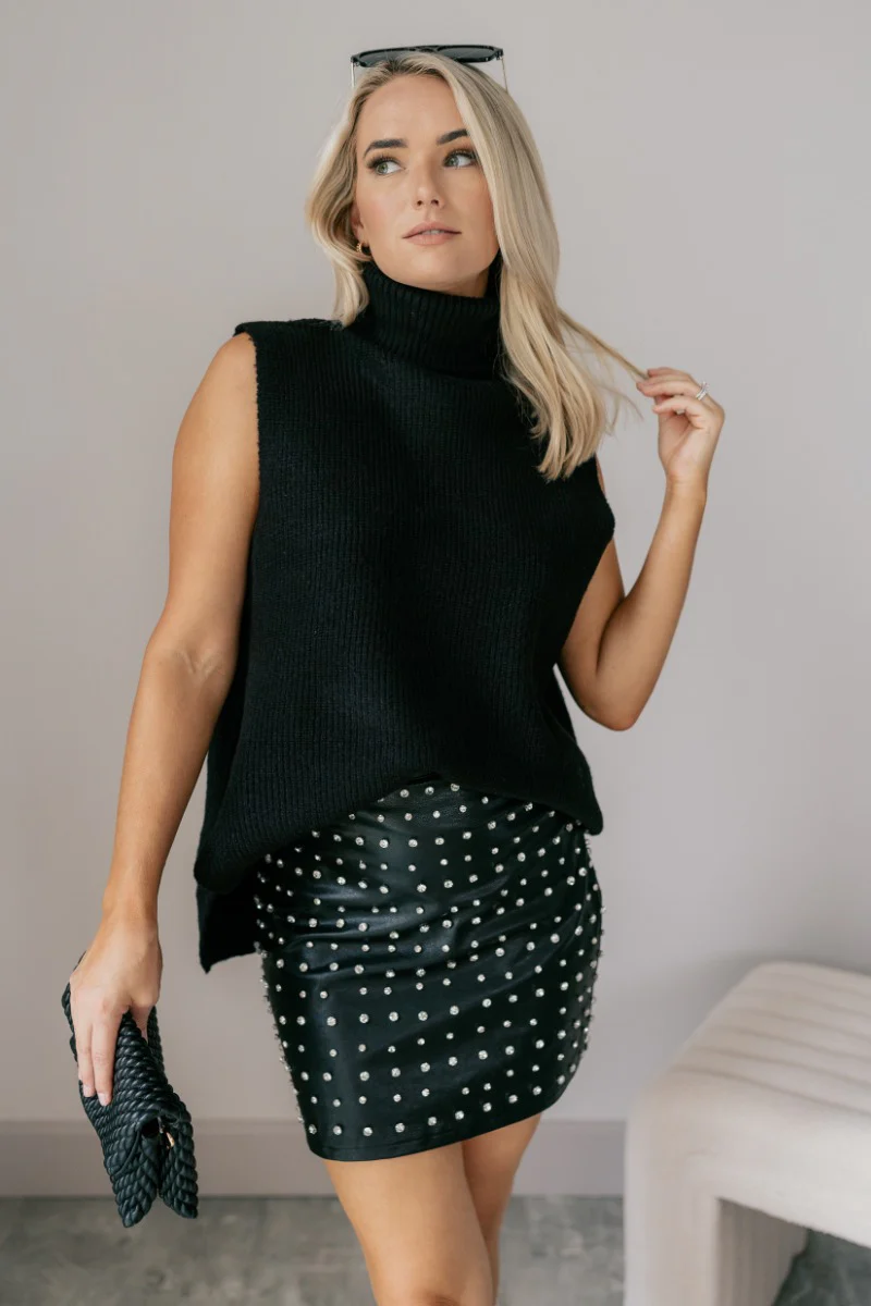 Miley Black Rhinestone Faux Leather Mini Skirt