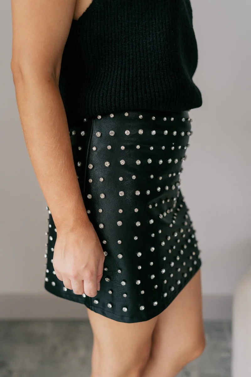 Miley Black Rhinestone Faux Leather Mini Skirt - Image 5