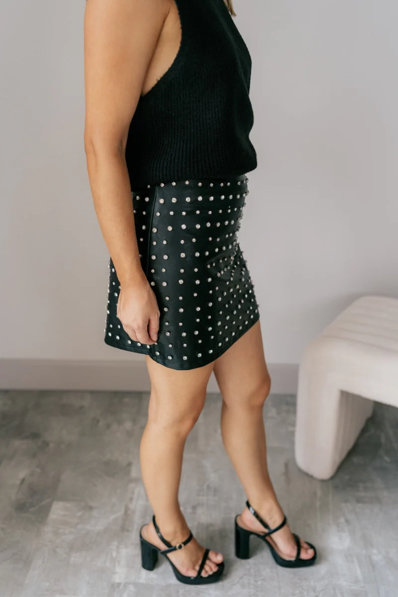 Miley Black Rhinestone Faux Leather Mini Skirt - Image 6