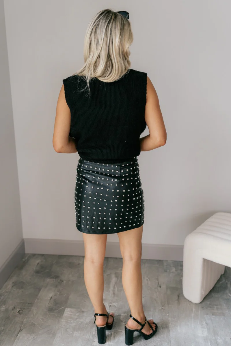 Miley Black Rhinestone Faux Leather Mini Skirt - Image 8