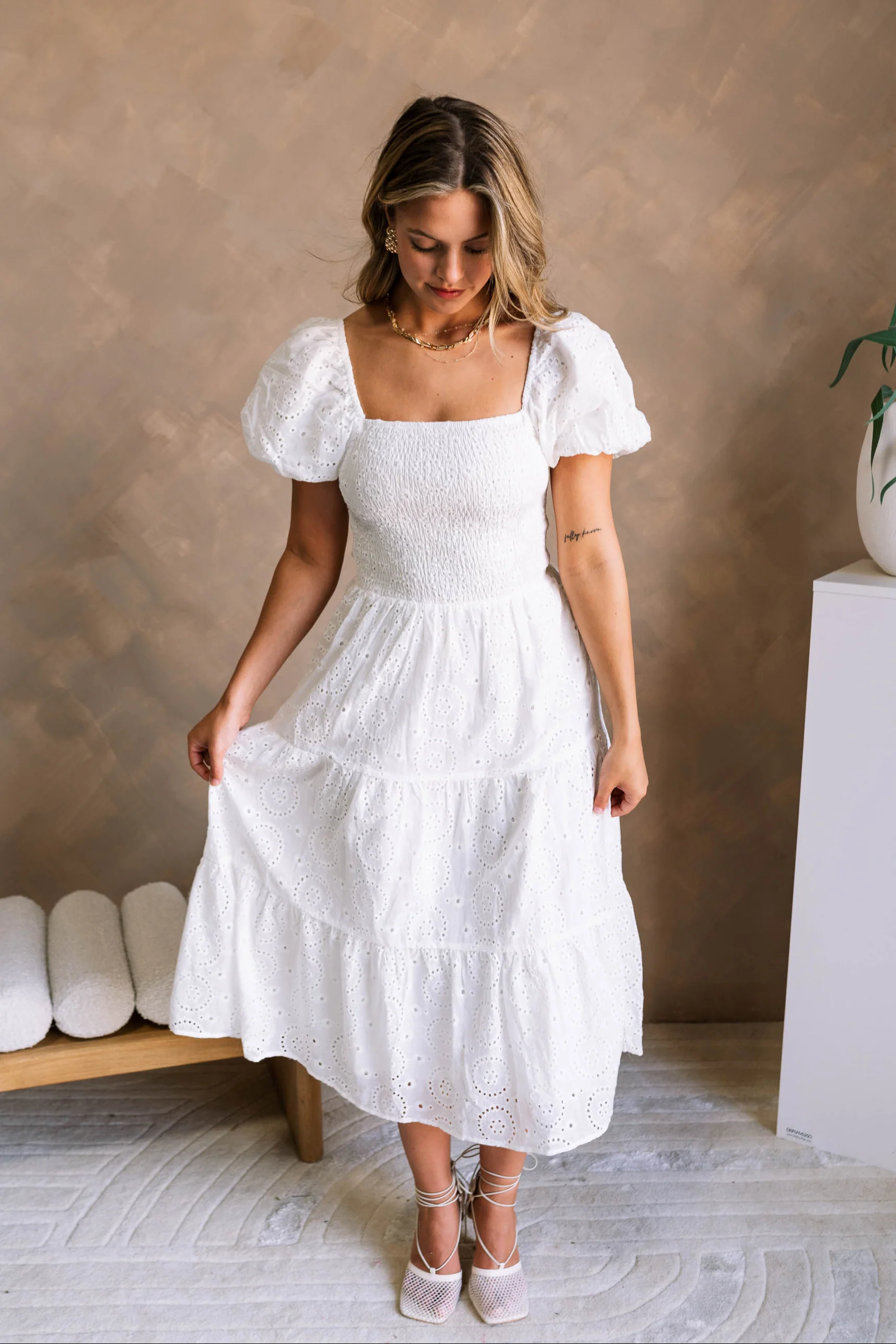 Miley White Eyelet Tiered Midi Dress - Image 5
