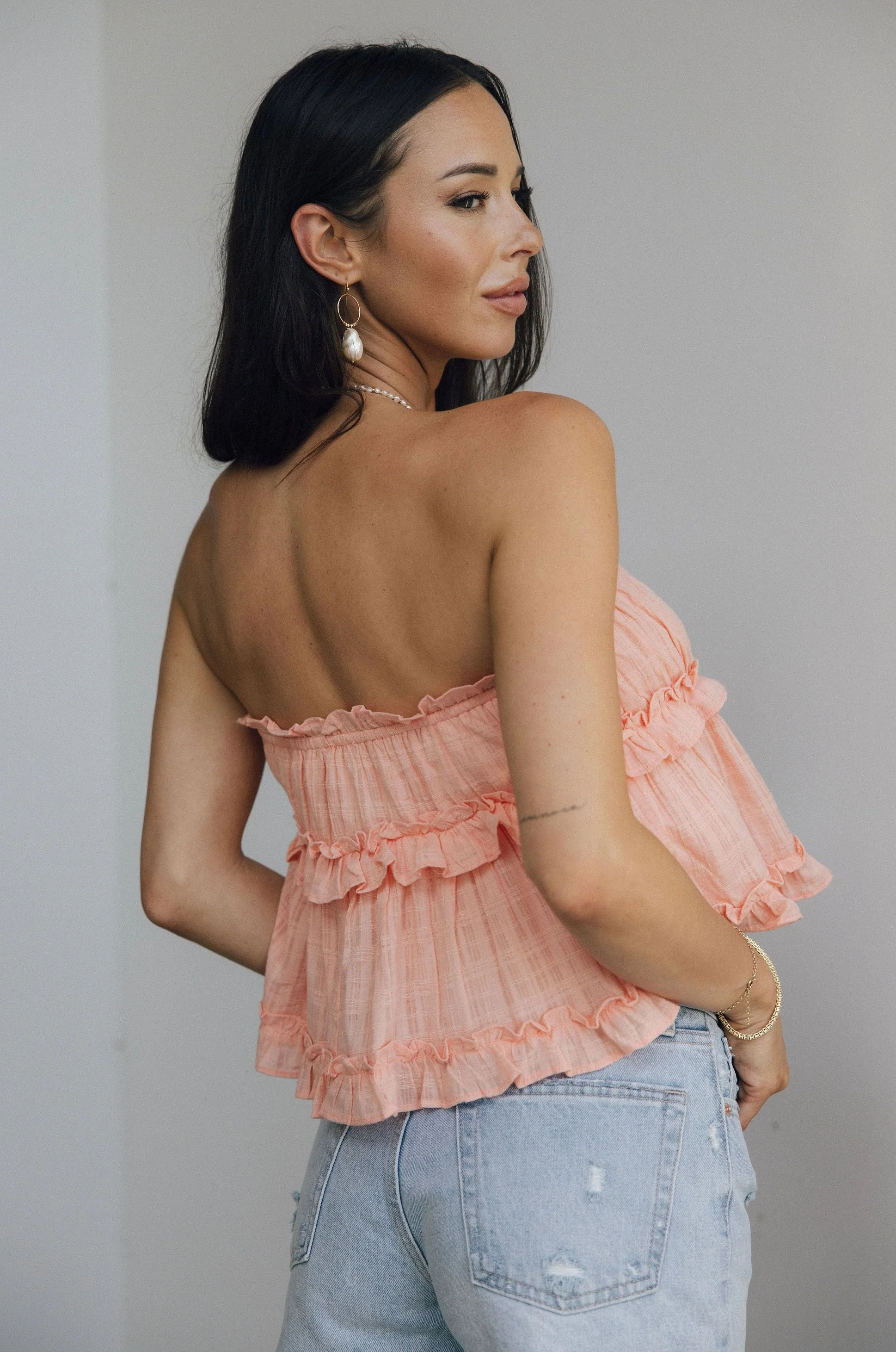 Millie Peach Ruffle Strapless Top - Image 3