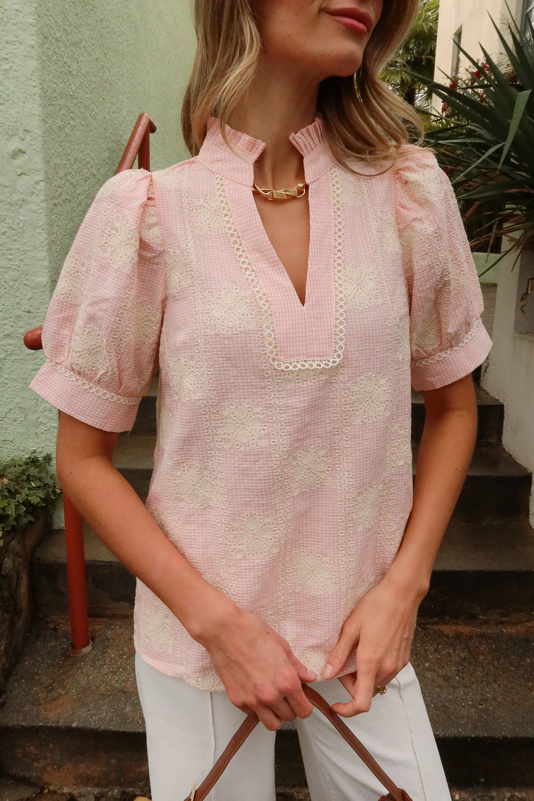 Millie Pink Gingham & Crochet Ruffled Top