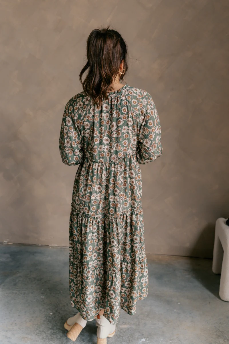 Millie Green Floral Long Sleeve Midi Dress - Image 5