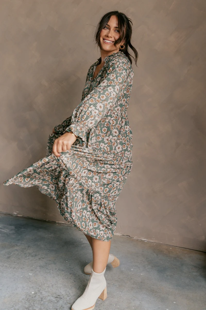 Millie Green Floral Long Sleeve Midi Dress - Image 6