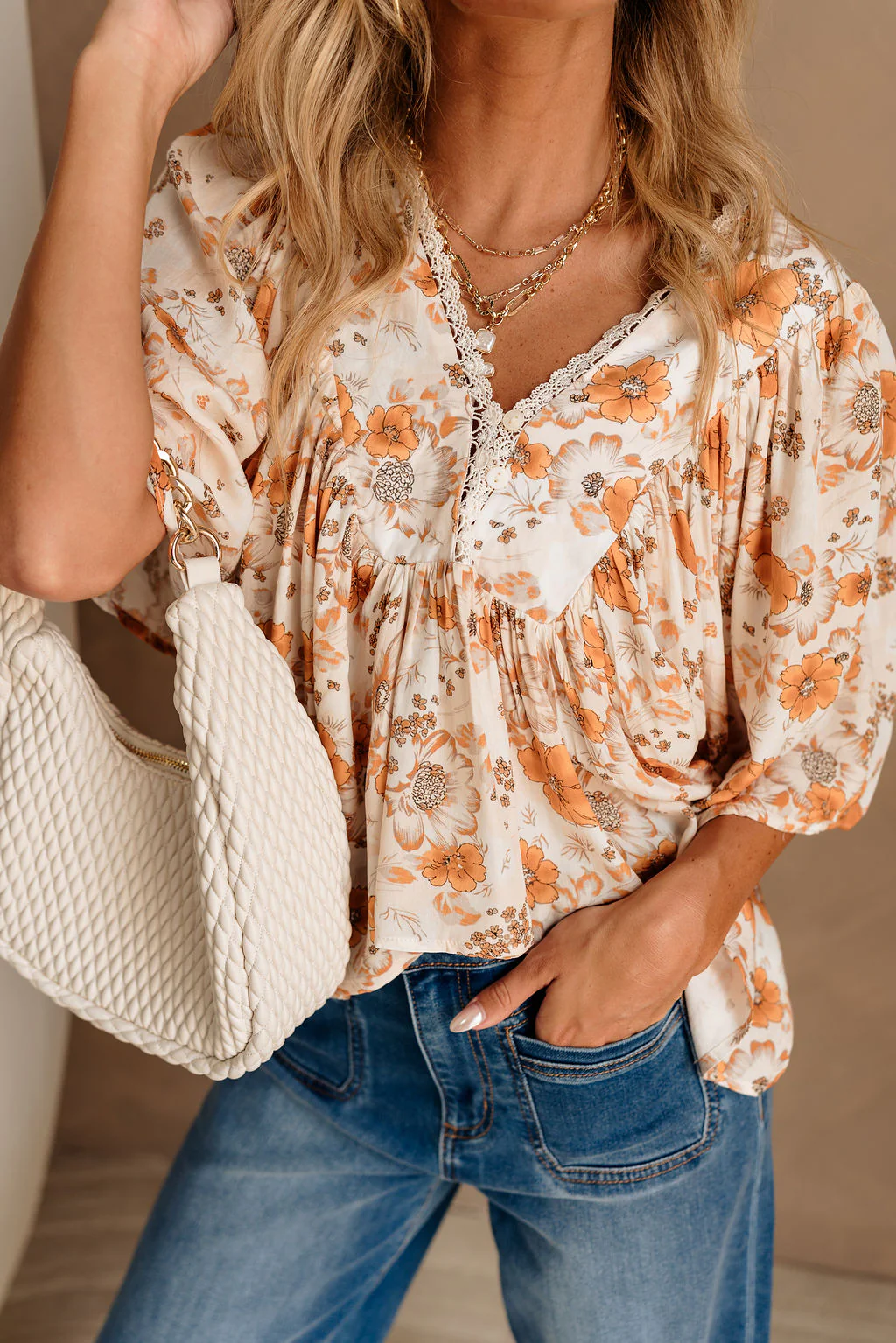 Milly Cream & Orange Floral Top - Image 2