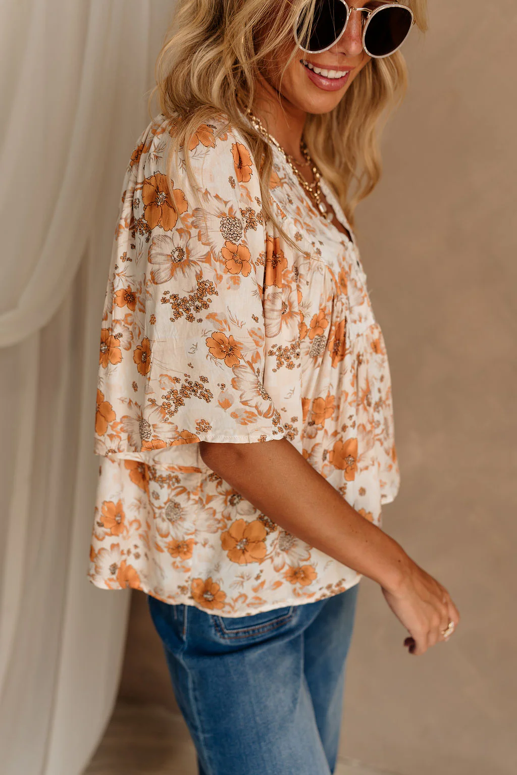 Milly Cream & Orange Floral Top - Image 5