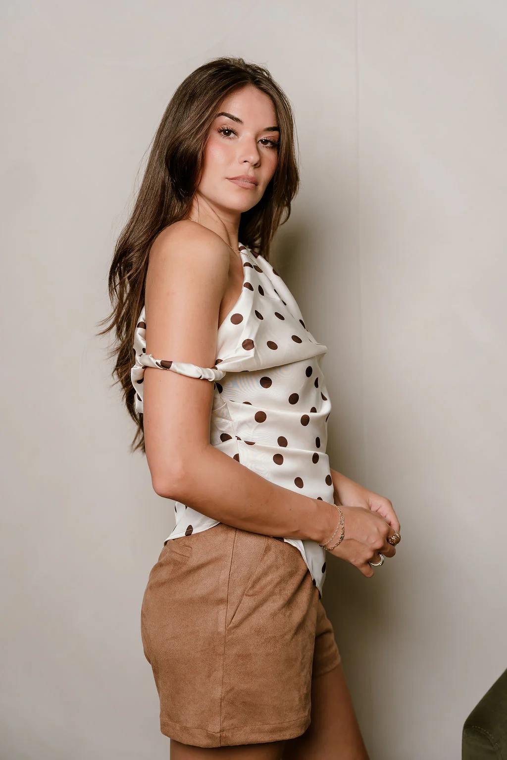 Miranda Ivory & Brown Satin Polka Dot Tank - Image 10