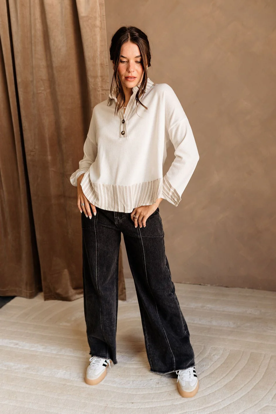 Miranda White & Taupe Long Sleeve Top - Image 2