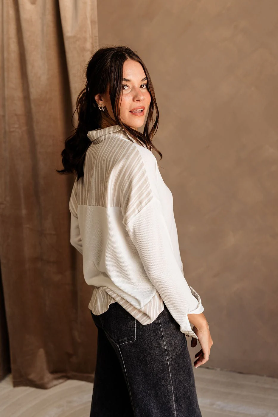 Miranda White & Taupe Long Sleeve Top - Image 3