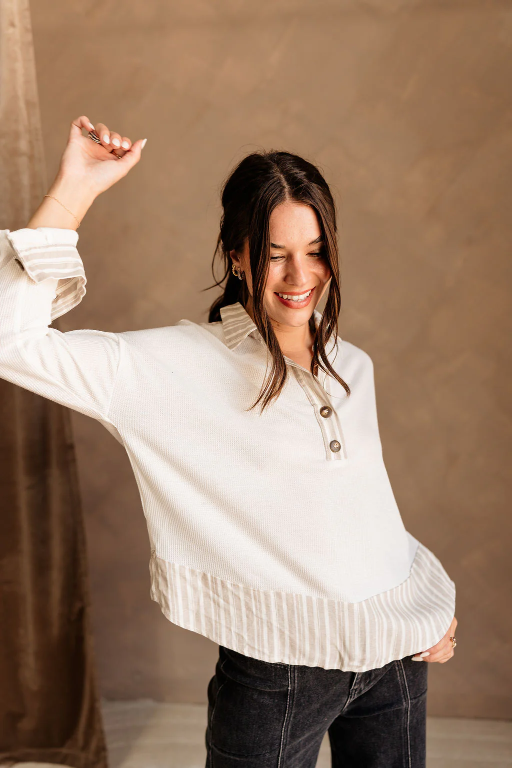 Miranda White & Taupe Long Sleeve Top - Image 4