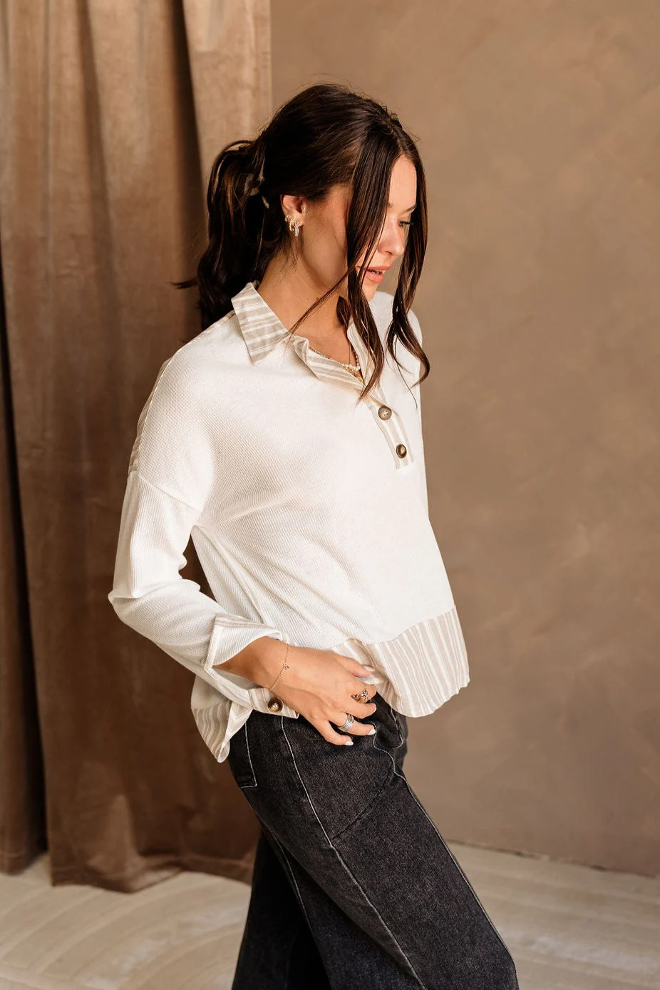 Miranda White & Taupe Long Sleeve Top - Image 6