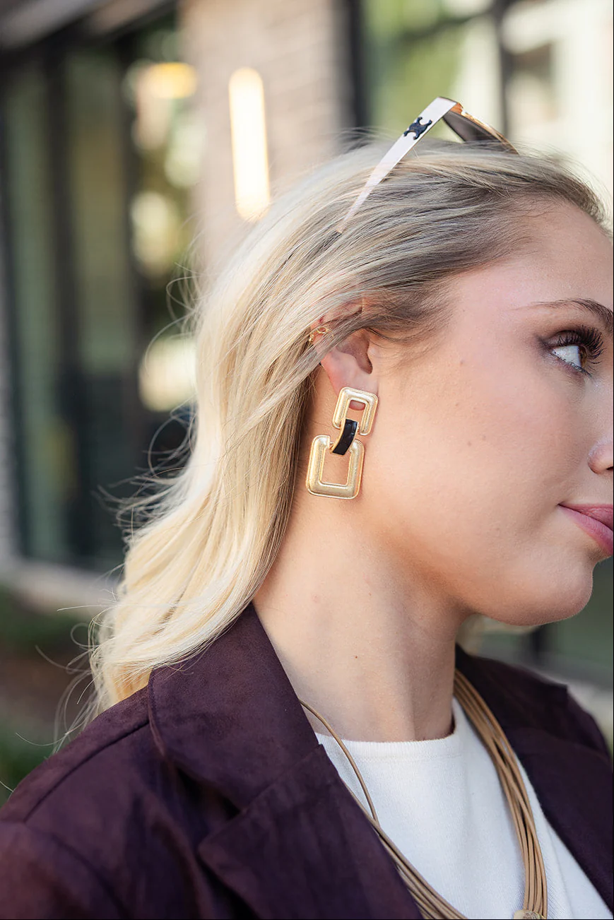 Miriam Gold & Black Leather Chain Earrings - Image 2