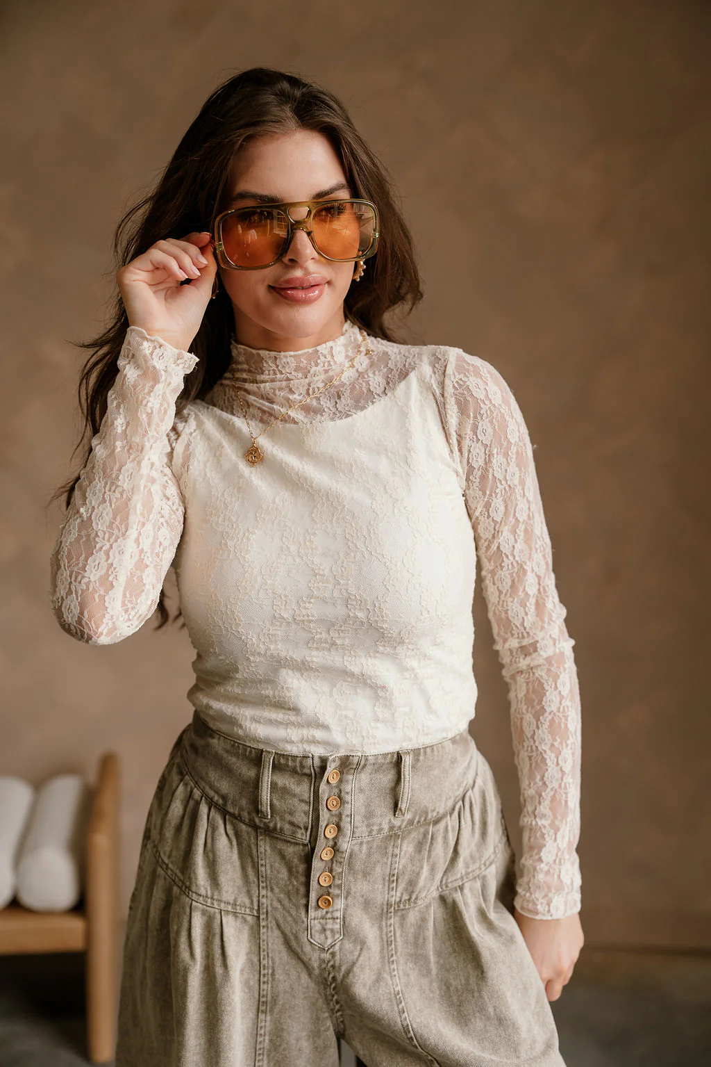 Mischa Cream Floral Long Sleeve Mesh Top