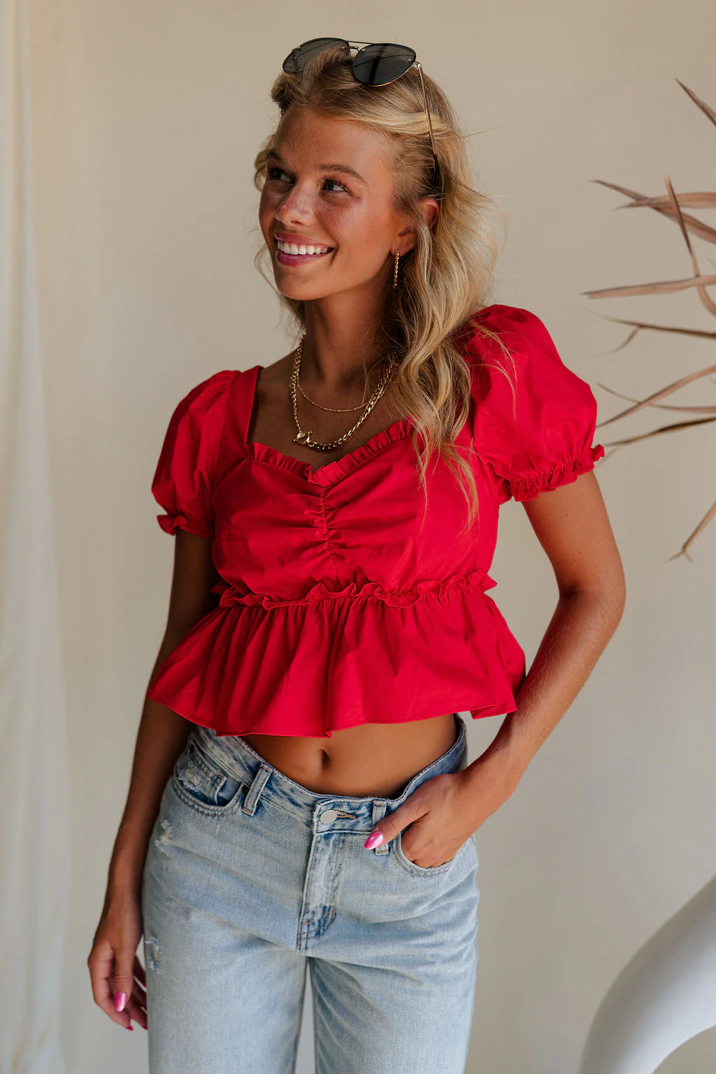 Monet Red Puff Sleeve Crop Top