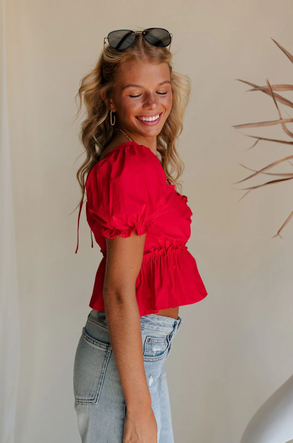 Monet Red Puff Sleeve Crop Top - Image 4