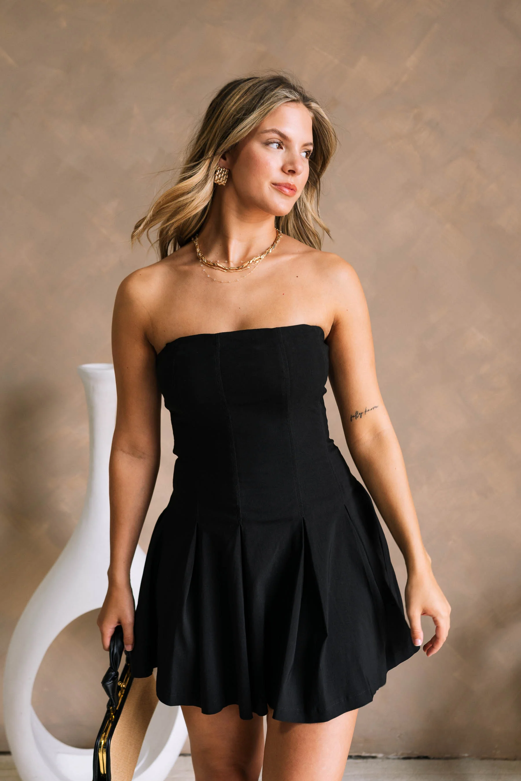 Monica Black Flare Pleated Mini Dress - Image 5