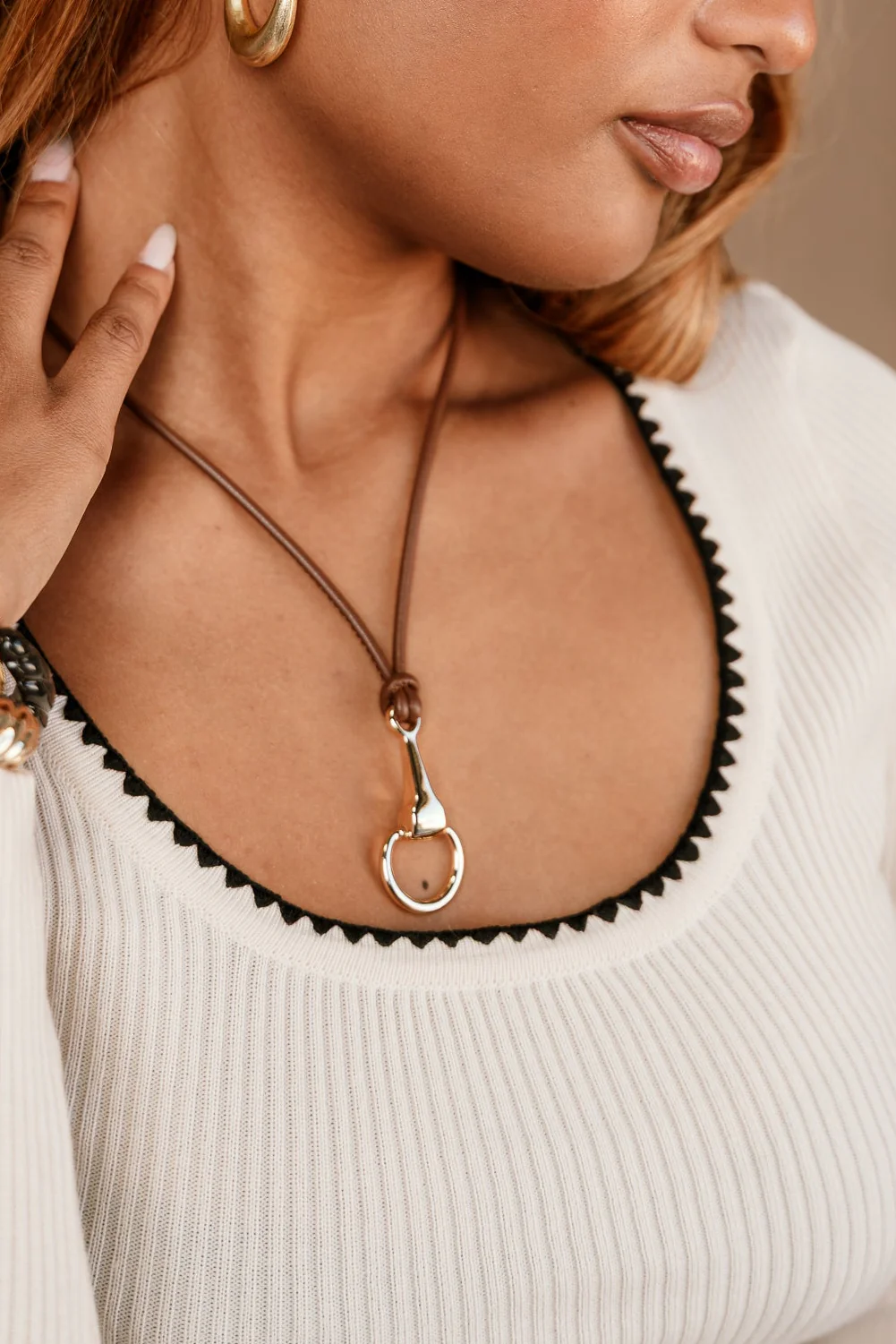 Monroe Brown Leather & Gold Necklace - Image 2