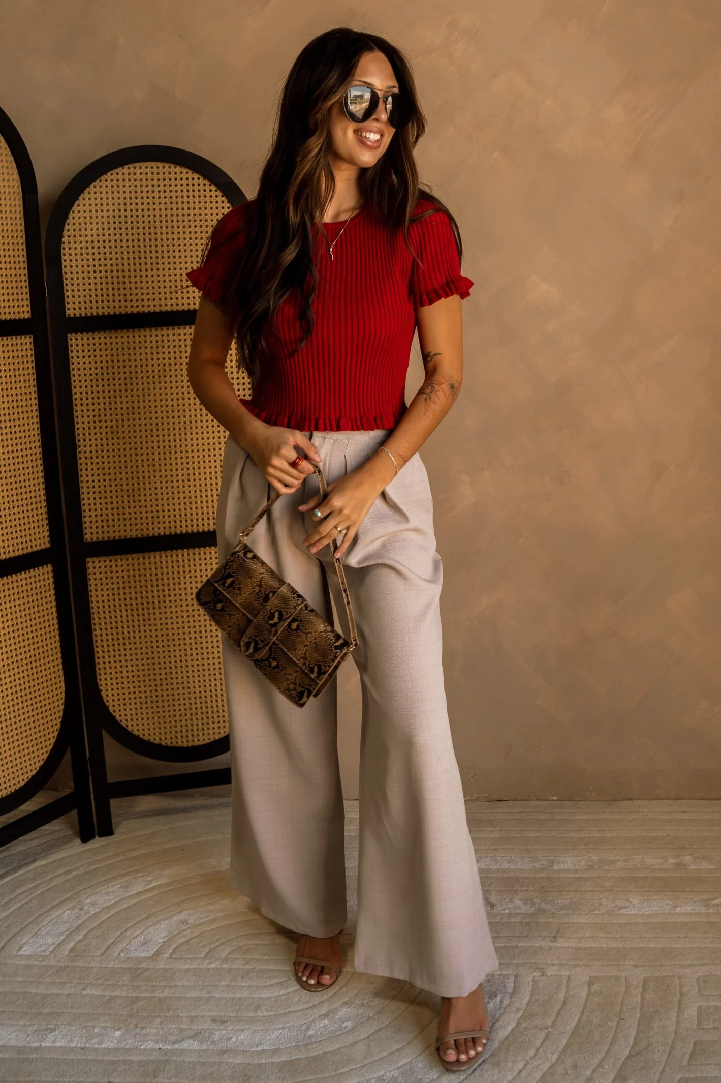 Vanita Deep Red Ribbed Ruffle Top - Image 2