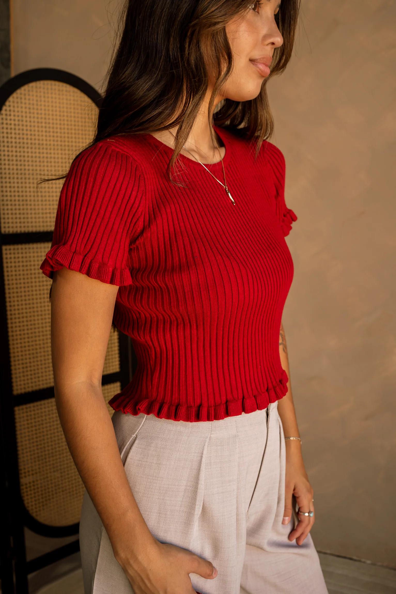 Vanita Deep Red Ribbed Ruffle Top - Image 3