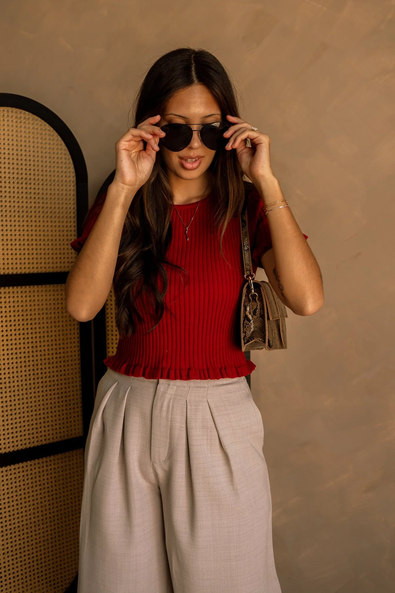 Vanita Deep Red Ribbed Ruffle Top - Image 5