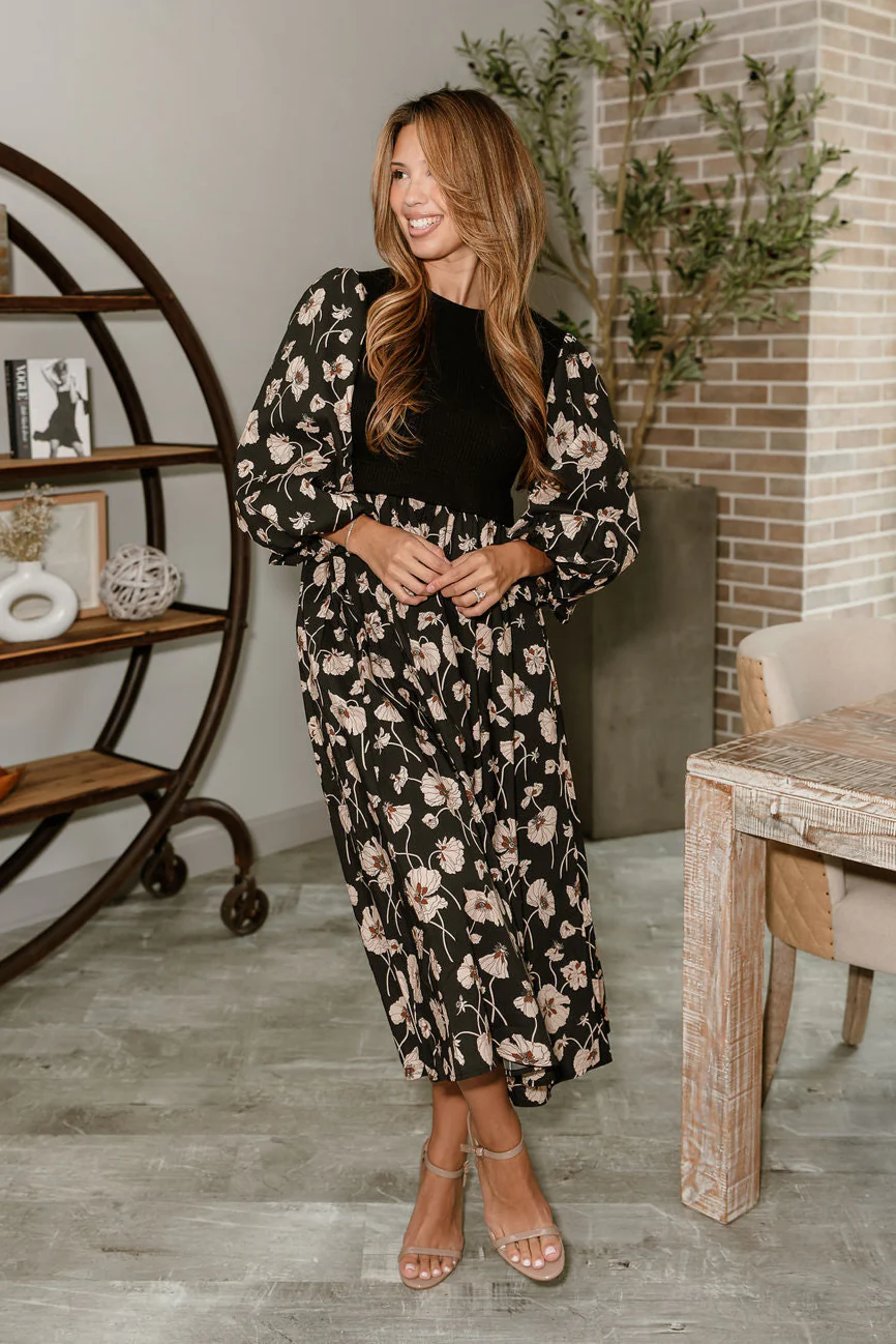 Nadia Black Multi Floral Midi Dress