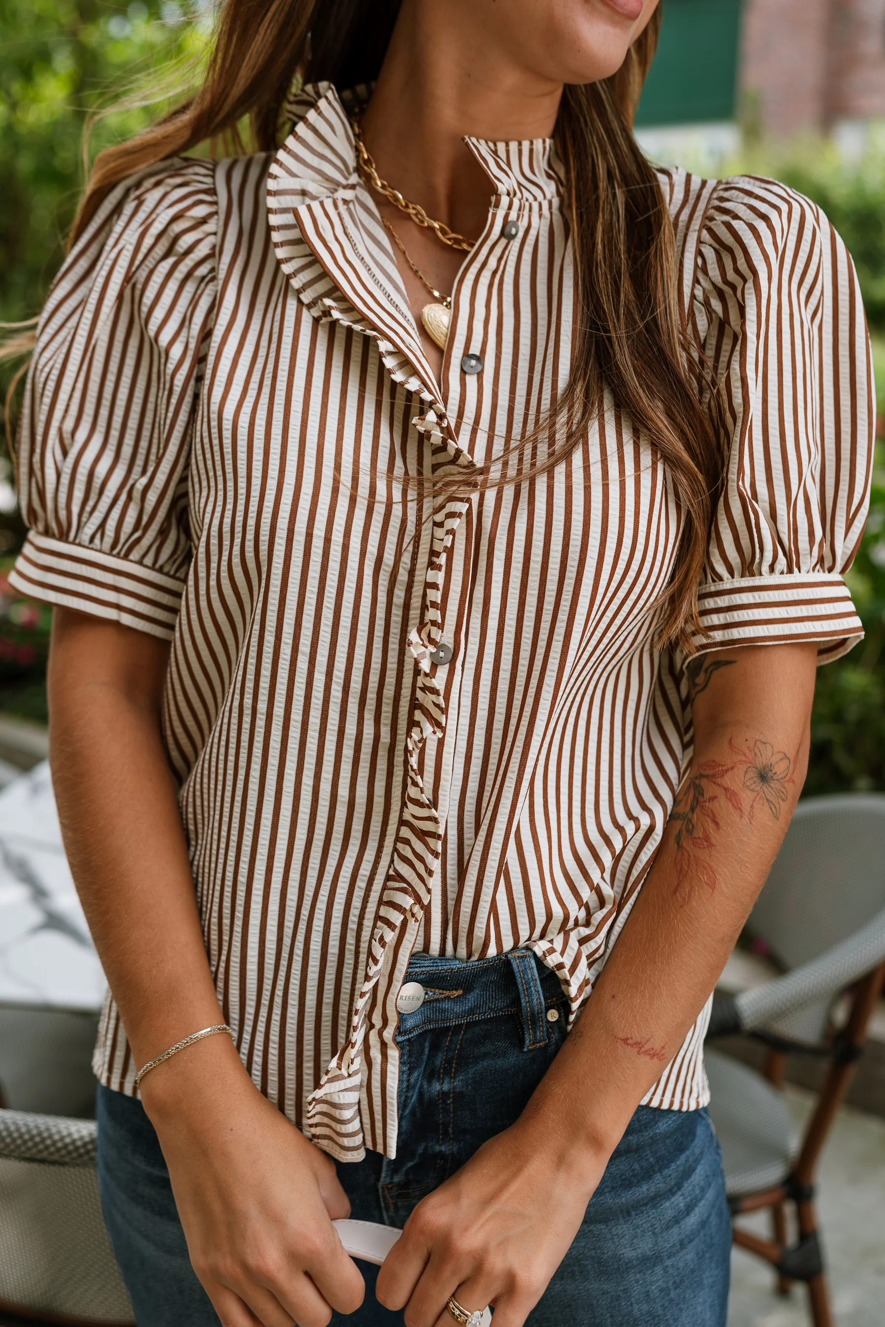 Nadia Brown & Cream Striped Puff Sleeve Top - Image 2