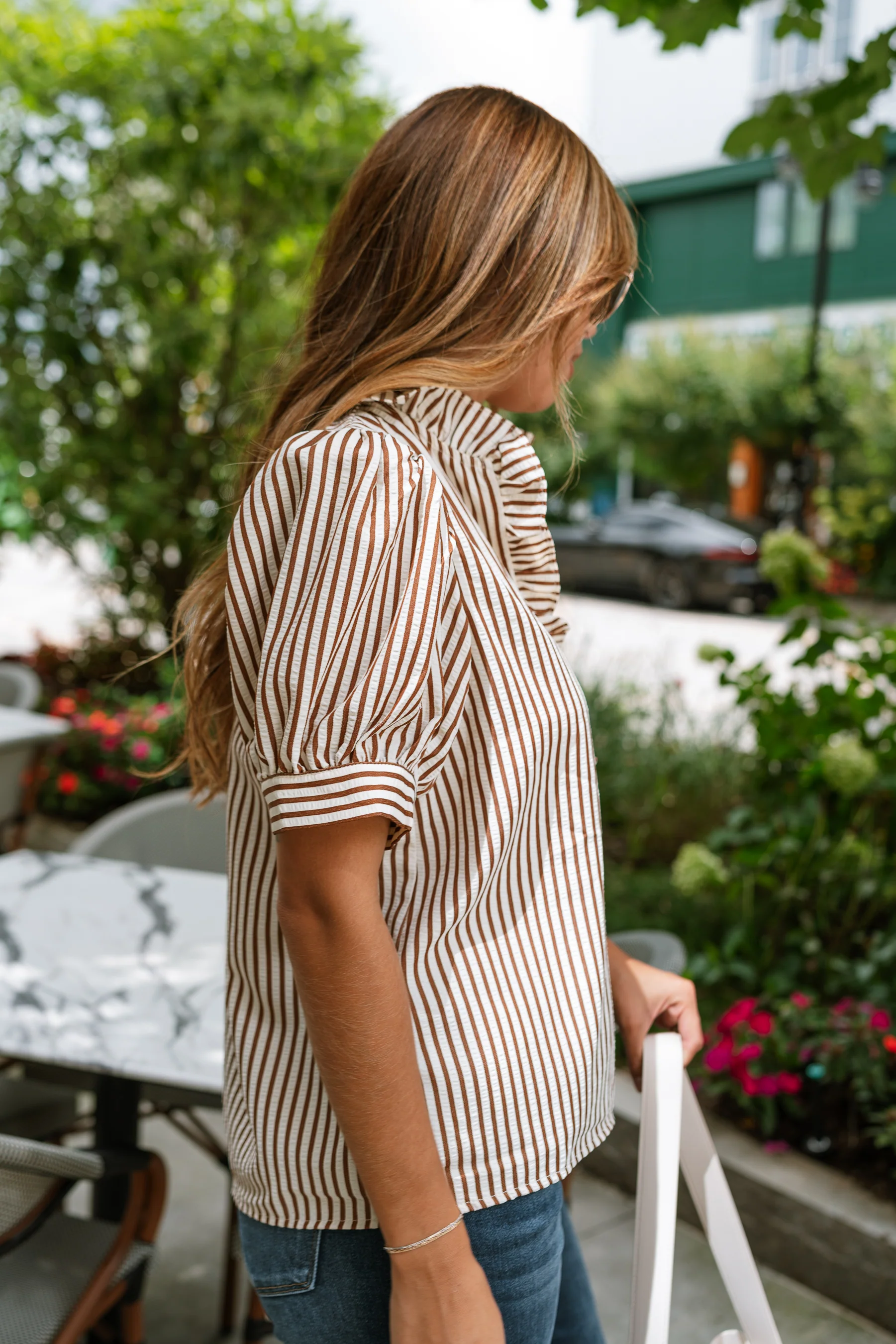 Nadia Brown & Cream Striped Puff Sleeve Top - Image 8