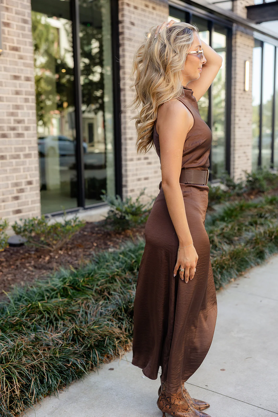 Naomi Brown Satin Belted Maxi Dress - Image 3