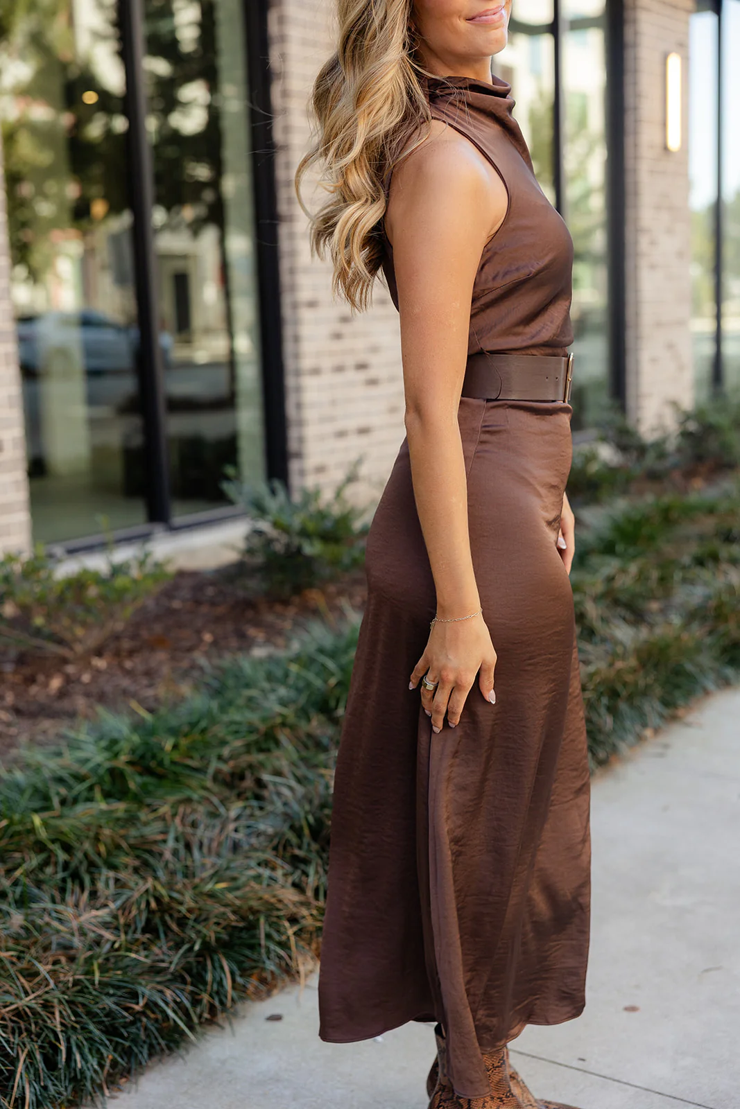 Naomi Brown Satin Belted Maxi Dress - Image 9