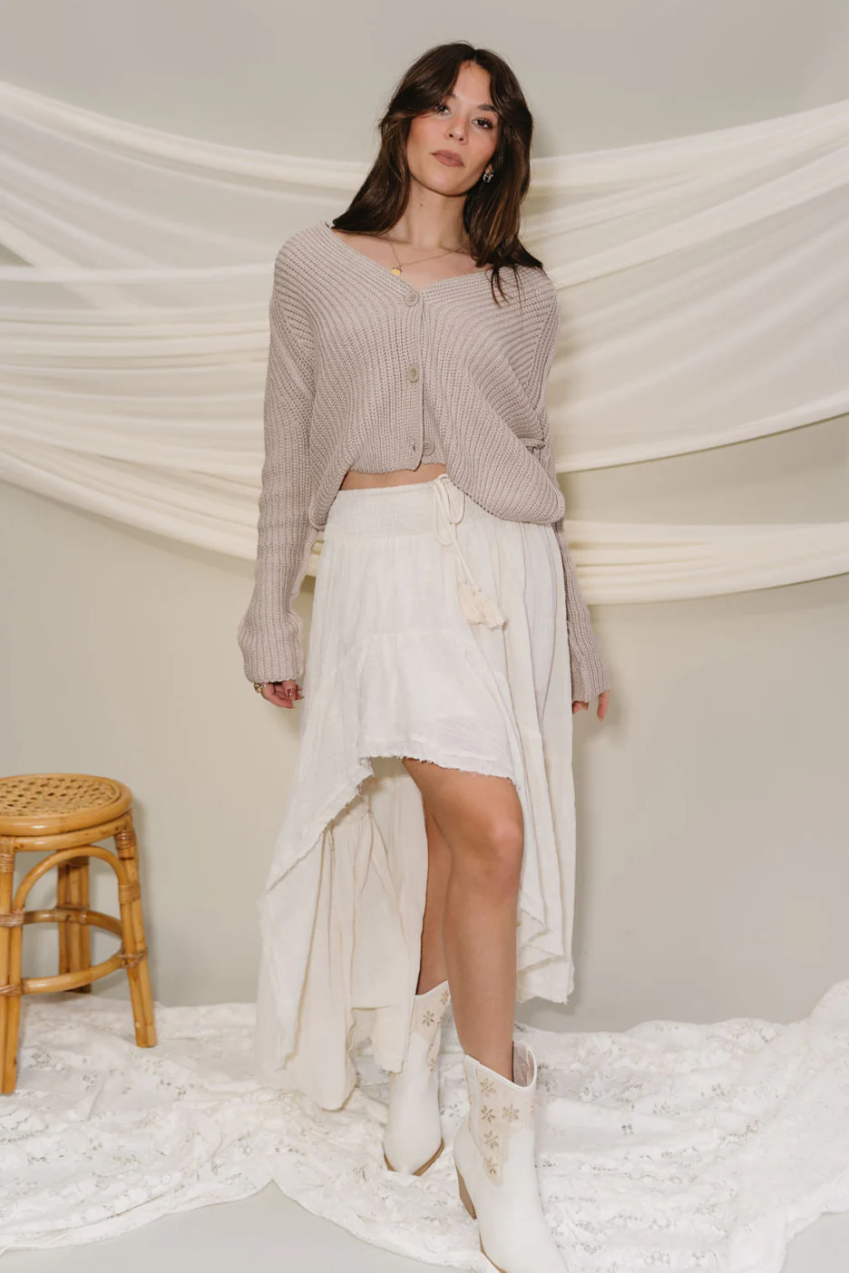 Natalie Cream Slit Tiered Midi Skirt - Image 2