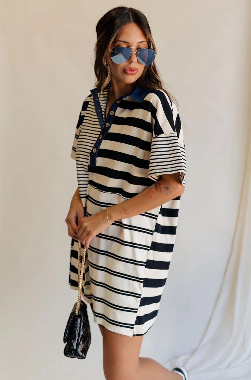 Maya Navy & Cream Stripe Short Sleeve Mini Dress - Image 2