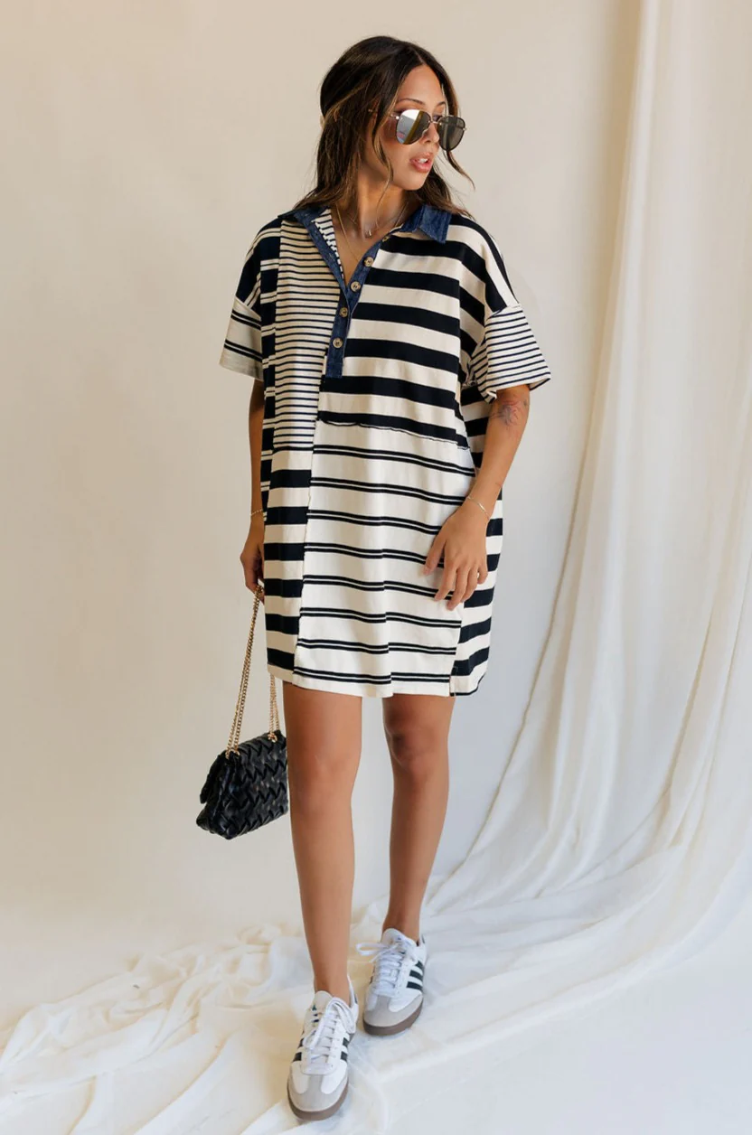 Maya Navy & Cream Stripe Short Sleeve Mini Dress - Image 5