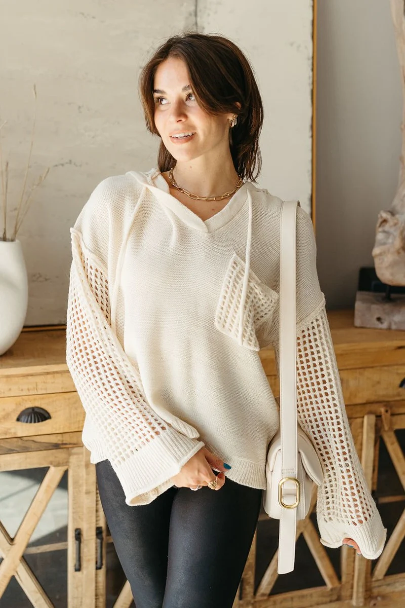 New Day Cream Crochet Hooded Sweater - Image 2