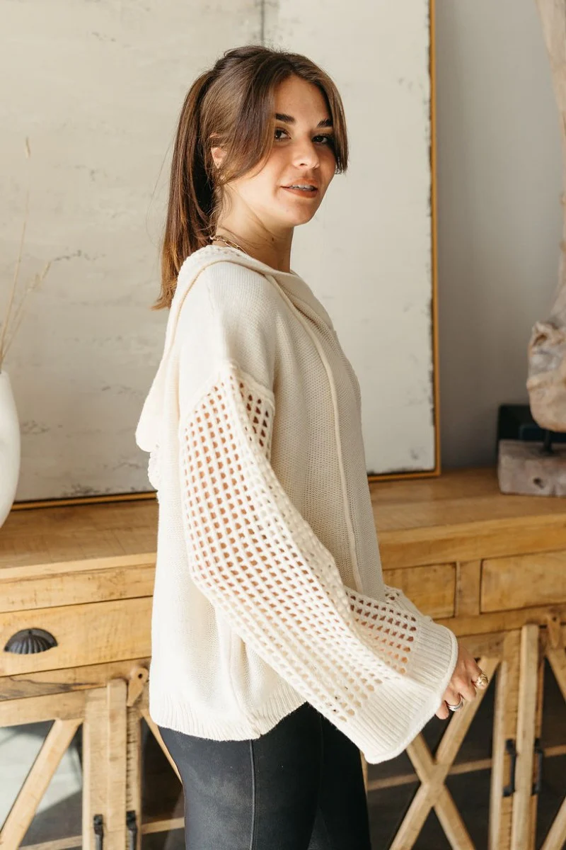 New Day Cream Crochet Hooded Sweater - Image 3