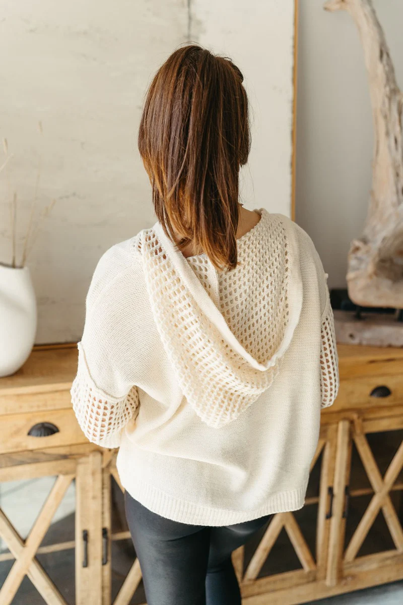 New Day Cream Crochet Hooded Sweater - Image 5