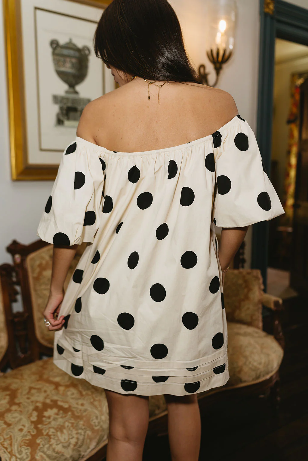 Nia Cream & Black Polka Dot Off-The-Shoulder Dress - Image 4