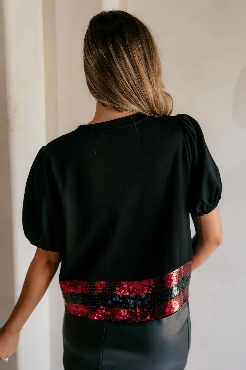 Nikole Black & Red Football Sequin Short Sleeve Top - Image 7